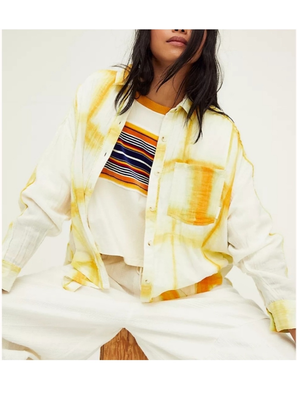 Free People We The Free Top Washed Away Yellow Windowpane Tie Dye Shirt Size M